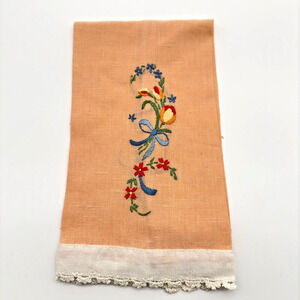 Vintage Linen Kitchen Tea Towel Hand Embroidered Flowers Bouquet Orange Retro